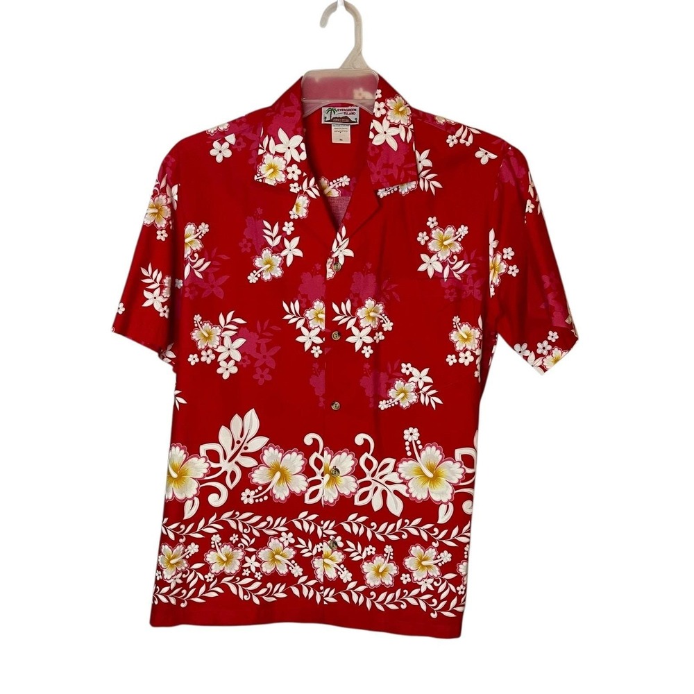 Evergreen Island Mens Medium Red Floral Hawaiian Shirt Made Hawaii USA Vintage